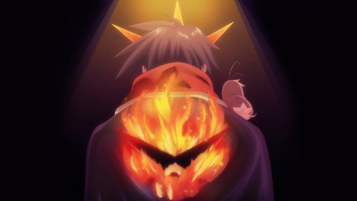 Kamina from Tengen Toppa Gurren Lagann with a fiery symbol