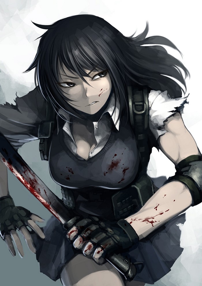 Anime girl with black hair holding a bloody sword