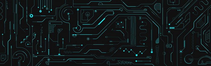 Abstract digital art of glowing blue circuit board lines on black