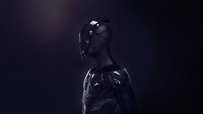 Black futuristic warrior in dark lighting