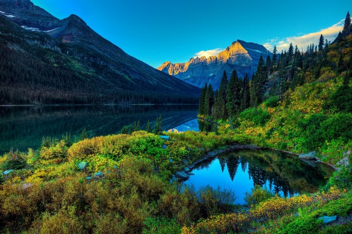 Mountain lake with forest and autumn foliage