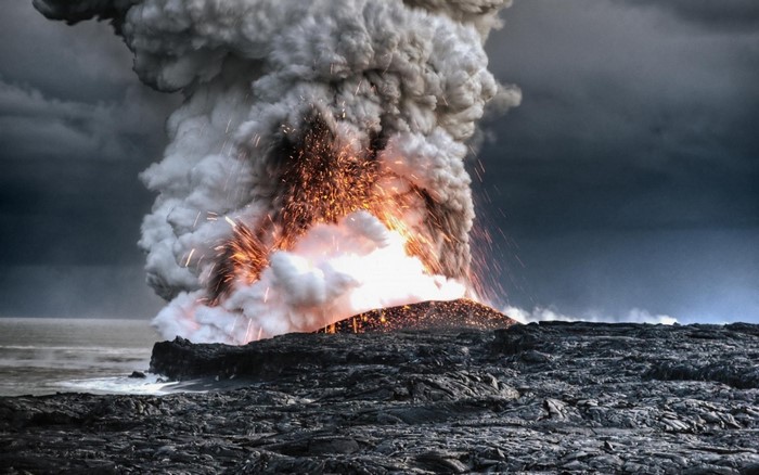 Explosive Volcanic Eruption with Lava and Smoke