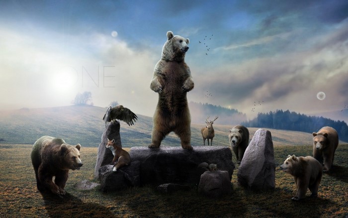 Bears and other animals in a misty landscape