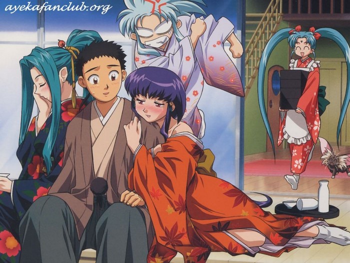 Characters from Tenchi Muyo in traditional Japanese attire