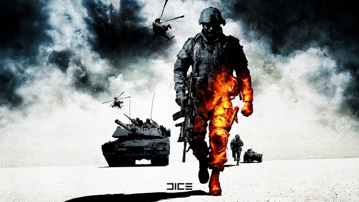 Soldier on fire with tanks and helicopters