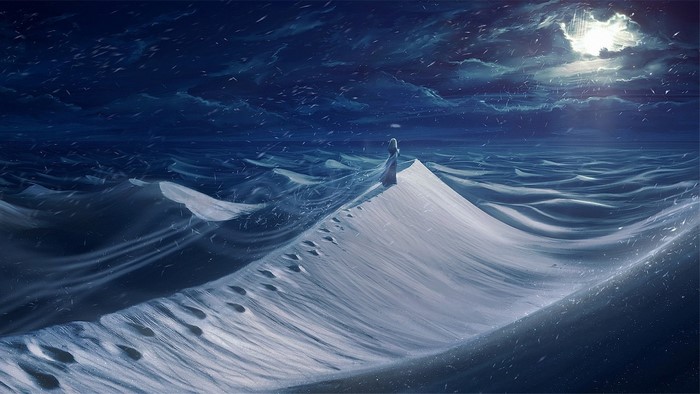 A lone figure stands on a snowy dune under moonlight