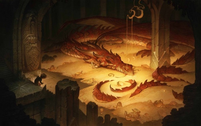 Smaug the dragon sleeping on gold with Bilbo Baggins in The Hobbit
