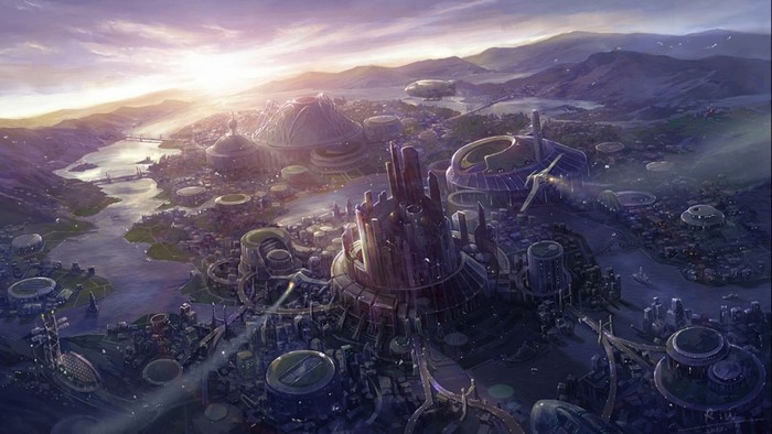 Futuristic city with mountains and a river at sunrise