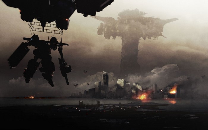 Mech deployed from aircraft over destroyed city in Armored Core: Verdict Day