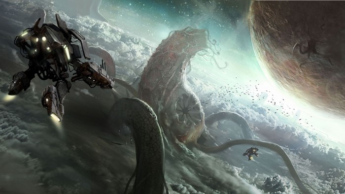 Giant space creature and mech in orbit