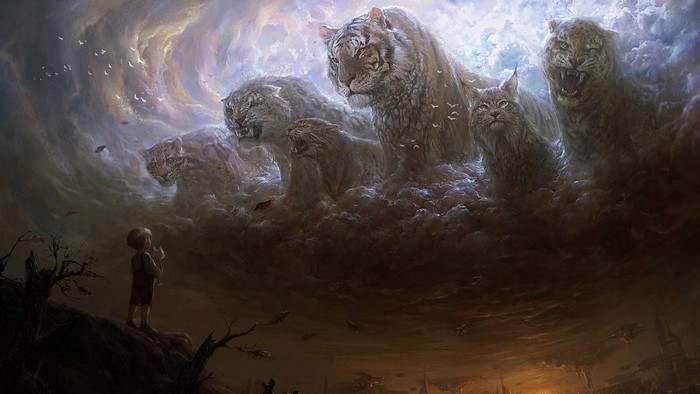 A child gazes at giant feline spirits in the clouds
