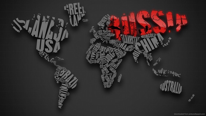 World map made of country names with Russia highlighted in red