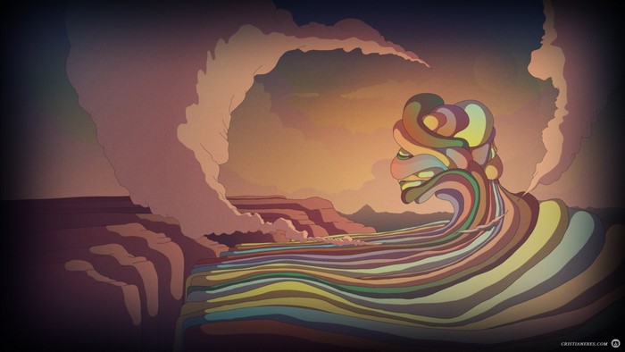 Abstract figure emerging from colorful waves in a desert landscape