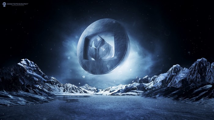 Desktopography logo over a snowy alien landscape