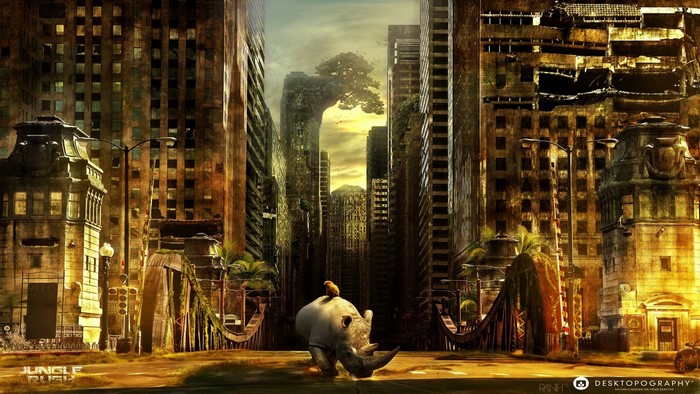 Rhinoceros with a bird in a ruined city