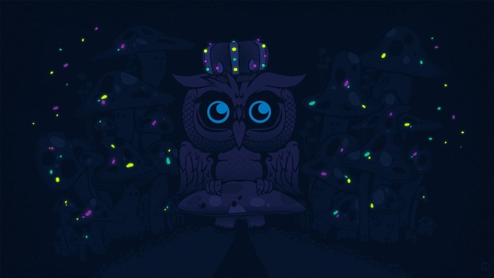 Owl with crown sitting on mushroom in dark forest