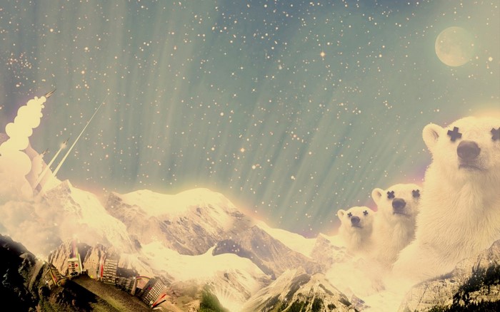 Polar bears with X eyes in snowy mountains under starry sky with rockets