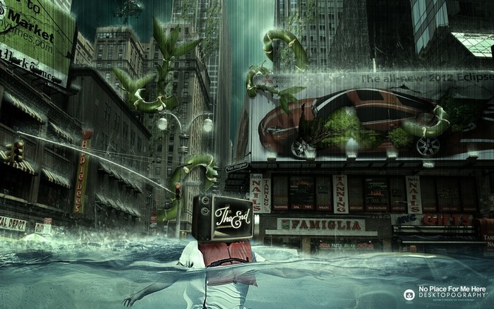 Flooded Cityscape with Television Head