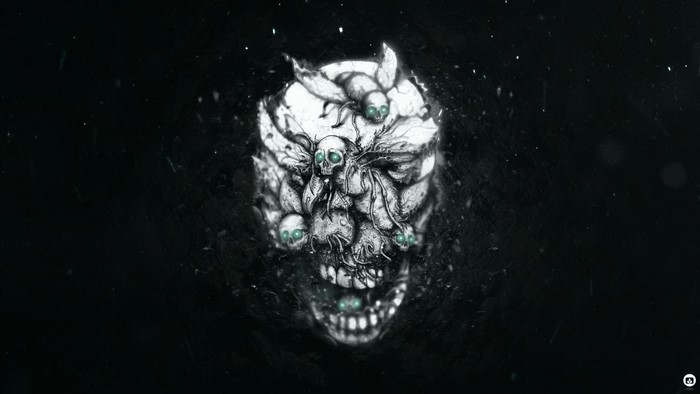Skull with insects and glowing eyes