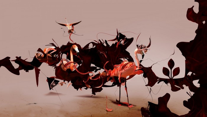 Flamingos and abstract shapes in digital art