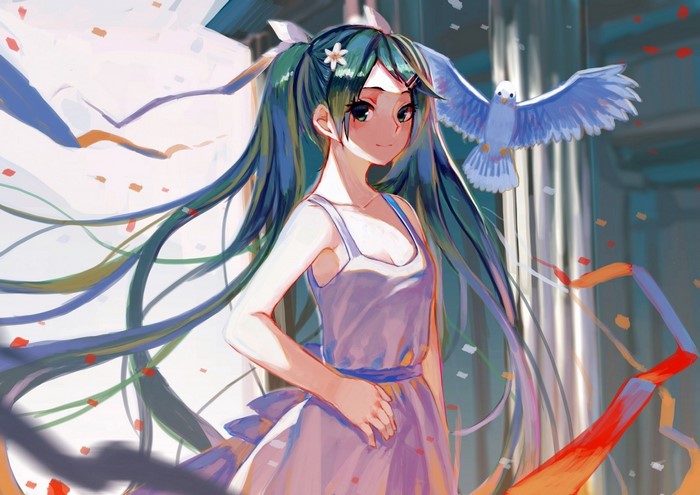 Hatsune Miku with a bird and ribbons