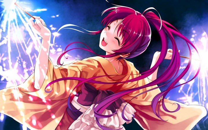Anime girl with pink hair holding sparkler