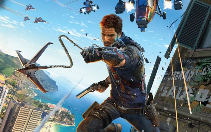 Rico Rodriguez from Just Cause 3 using a grappling hook
