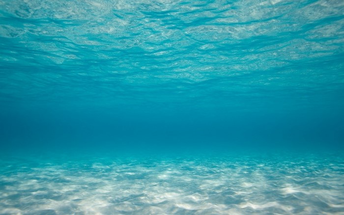 Underwater view of sandy seabed and ocean surface