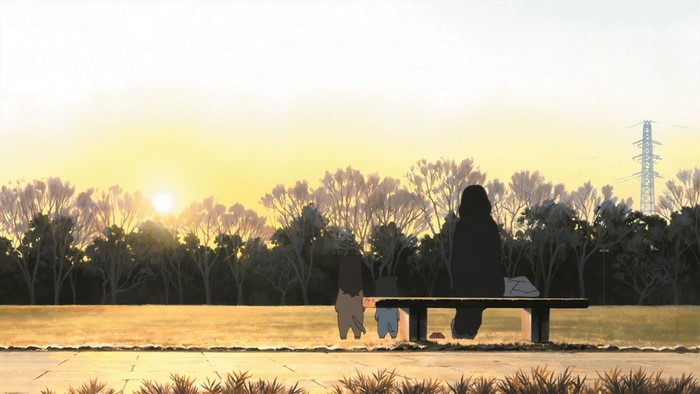 Wolf Children characters watching the sunrise in a park