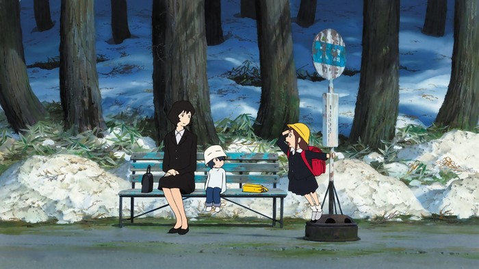 Characters from Wolf Children at a bus stop in winter