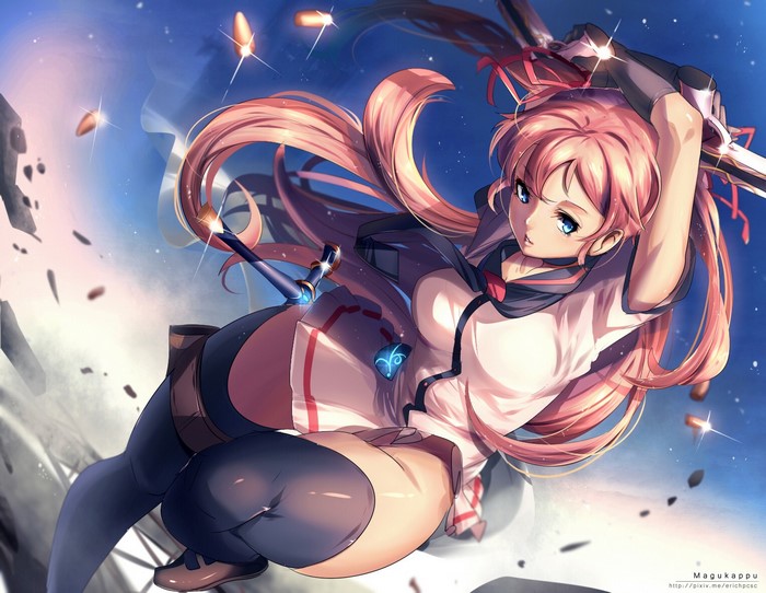 Anime girl with pink hair and blue eyes holding a sword