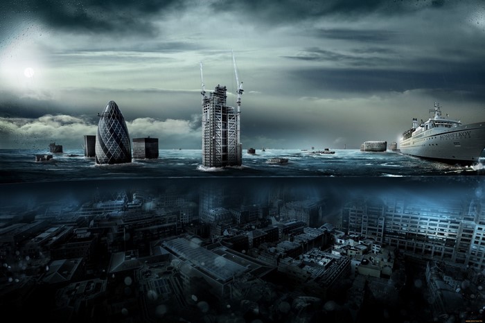 Surreal flooded cityscape with a ship and underwater city