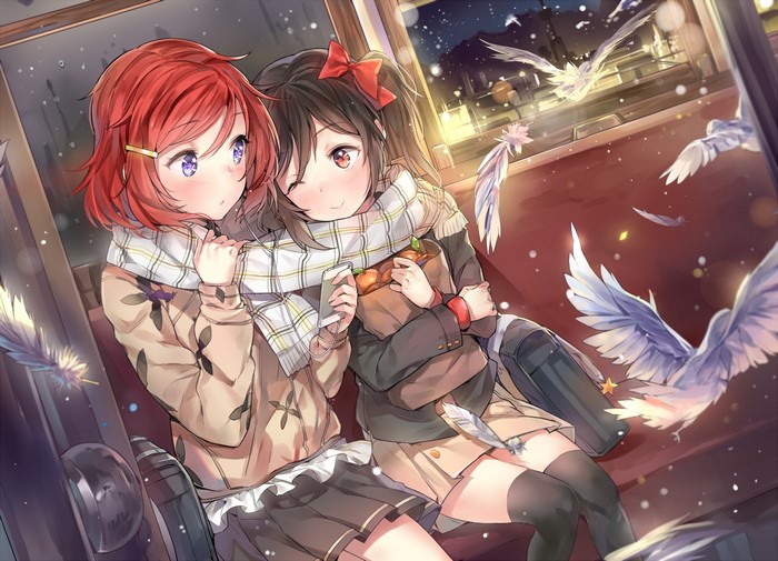 Nishikino Maki and Yazawa Nico from Love Live sharing headphones