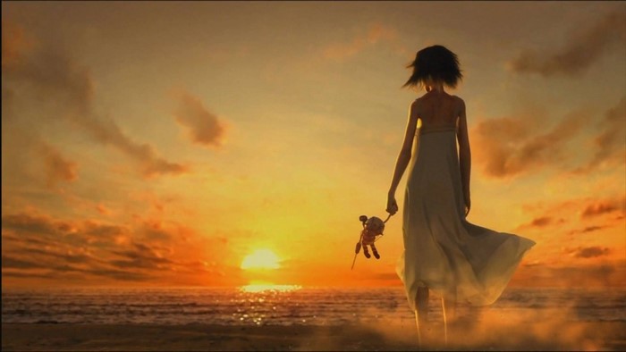 Little Sister holding a Big Daddy doll from BioShock at sunset