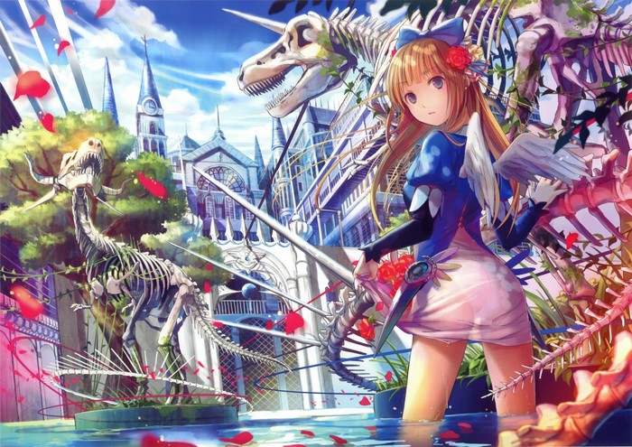 Anime girl with wings and dinosaur skeletons