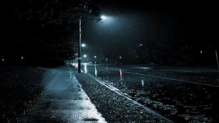 Night street in the rain with streetlights