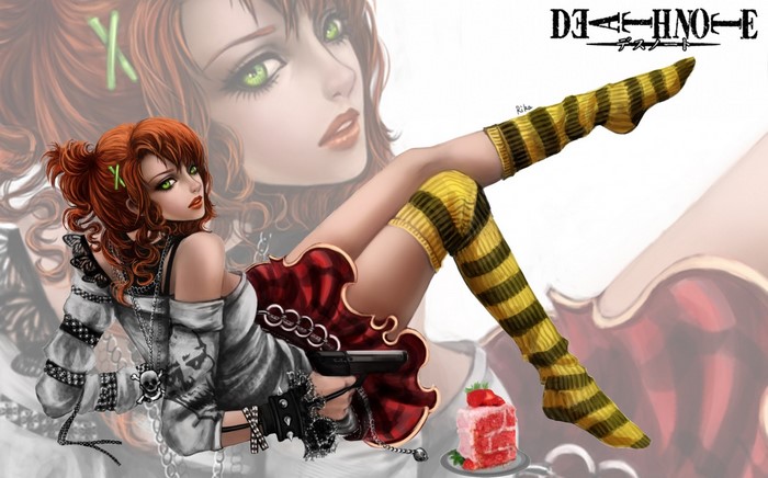 Misa Amane from Death Note with cake and gun