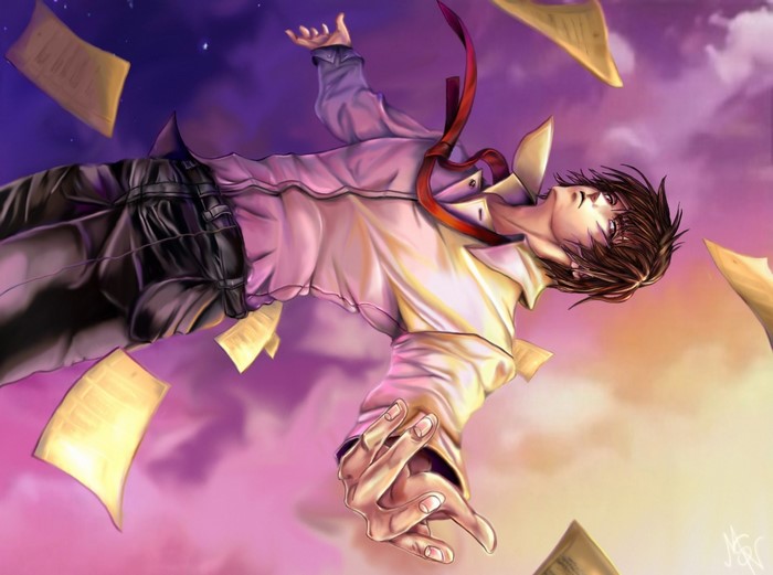 Yagami Light from Death Note falling with papers