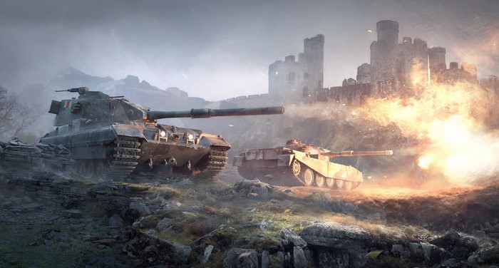Tanks in combat near a castle
