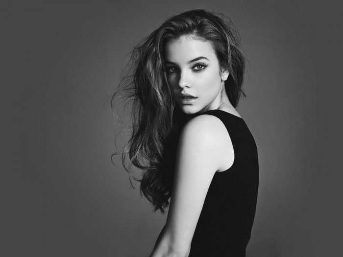 Barbara Palvin in a black dress, monochrome portrait
