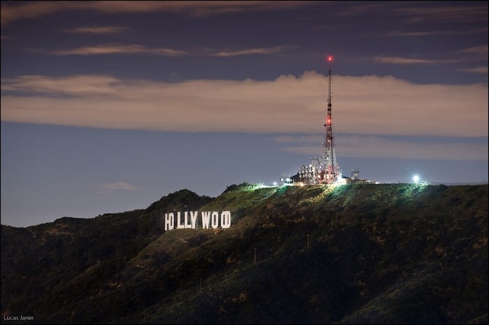 Hollywood Sign and Radio Tower at Night