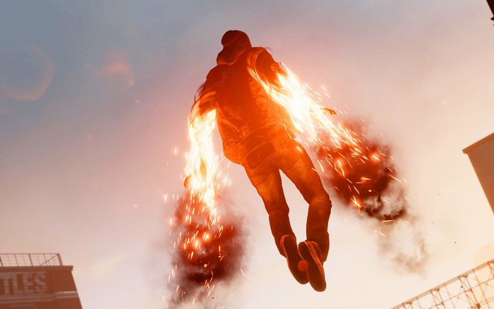 Man with fiery hands flying in a video game