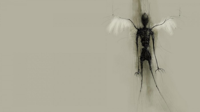 Sketch of a skeletal figure with wings