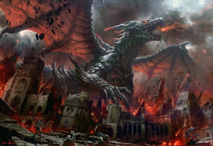 Dragon attacking a ruined city