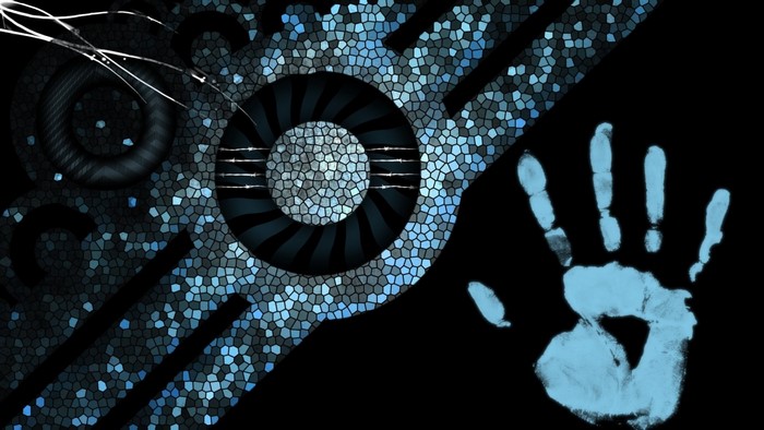Abstract blue mosaic pattern with handprint