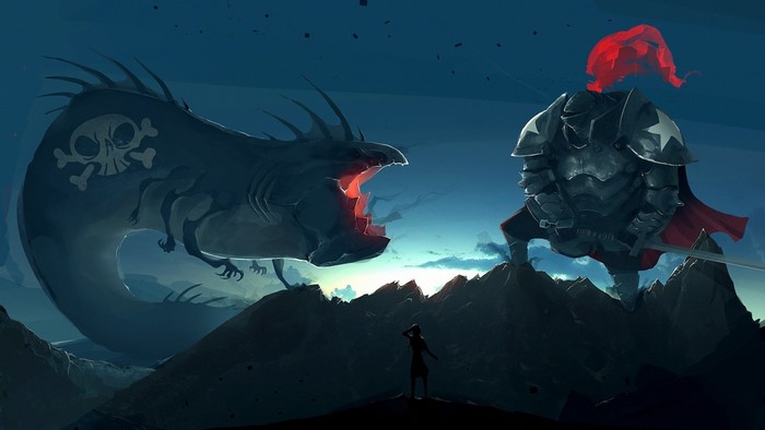 Dragon and knight facing each other on mountains