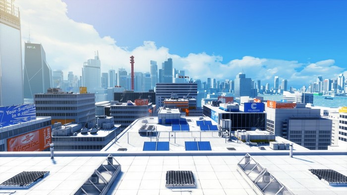 Cityscape with skyscrapers and rooftops, Mirror's Edge