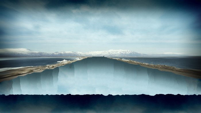 Digital art of a vast icy landscape with mountains