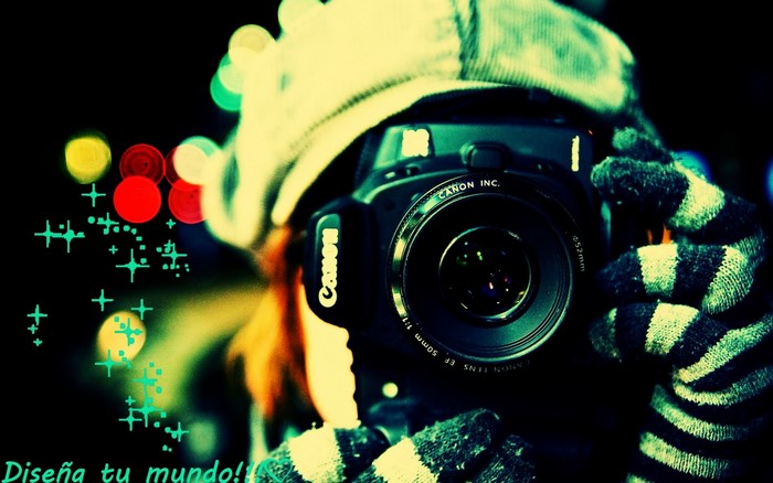 Person holding a Canon camera with bokeh lights