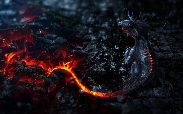 Dragon creature near lava flow